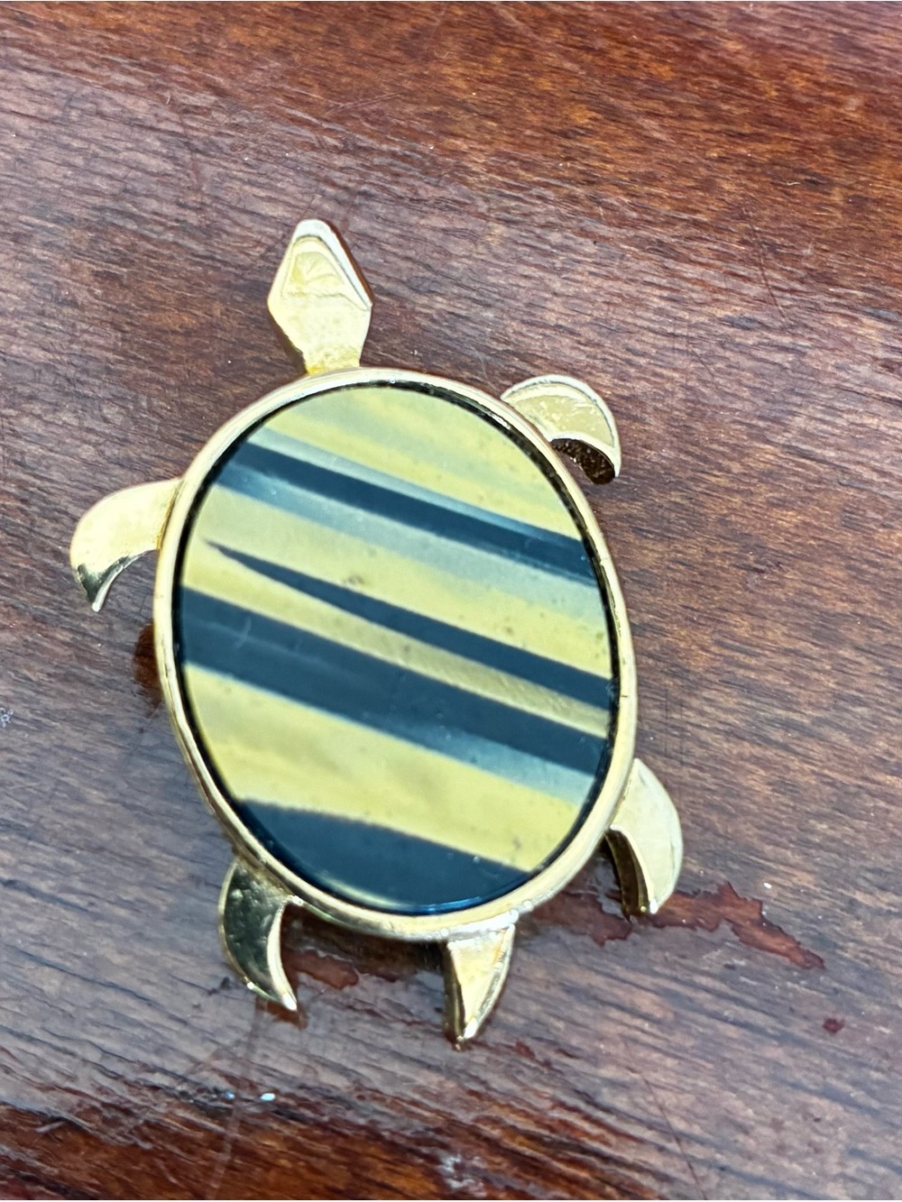 Vintage Trifari Gold Turtle Brooch with Yellow and Black Striped Shell